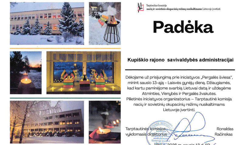 Savivaldybė gavo padėką už dalyvavimą akcijoje „Pergalės šviesa“