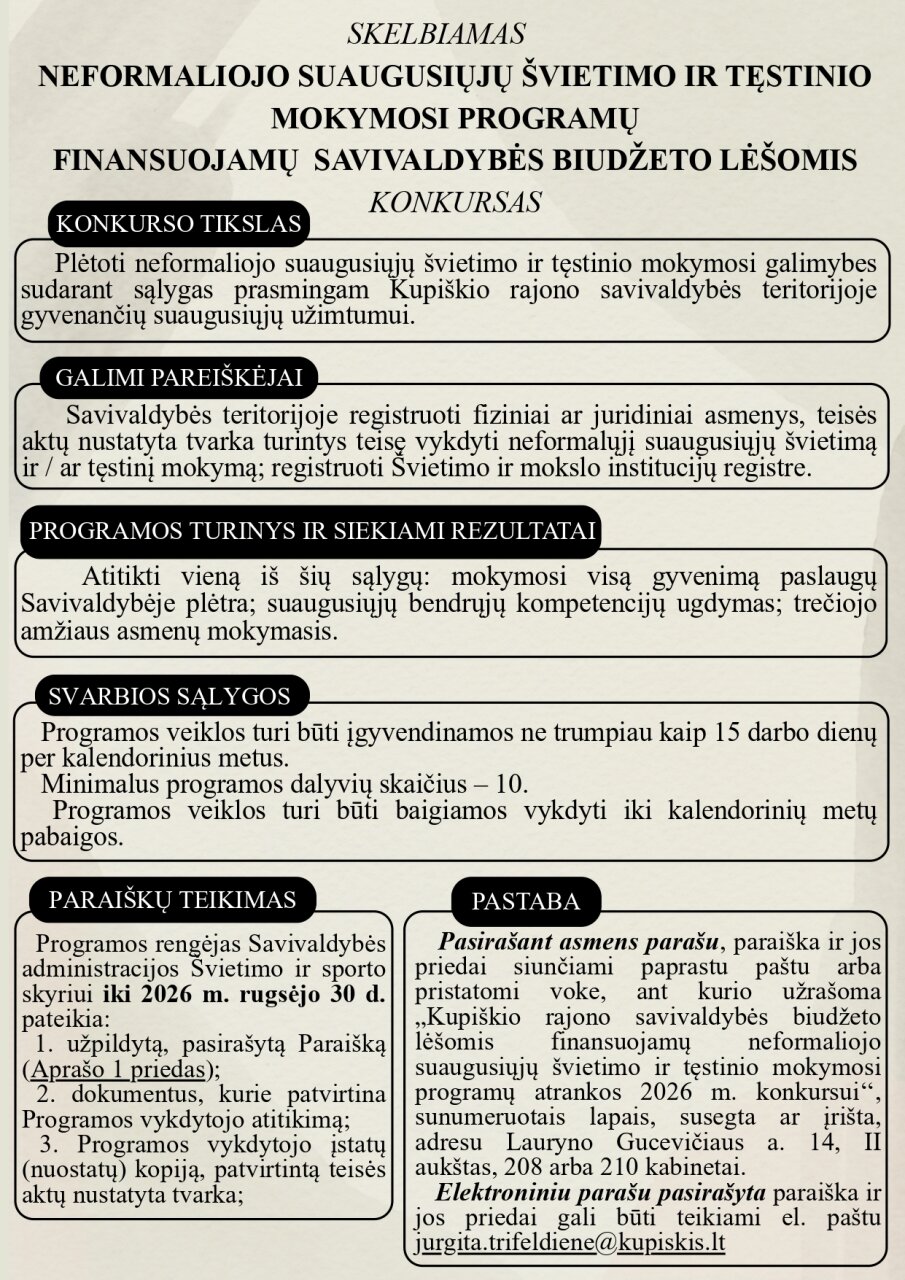 Skelbiamas neformaliojo suaugusiųjų švietimo ir tęstinio mokymosi programų, finansuojamų...
