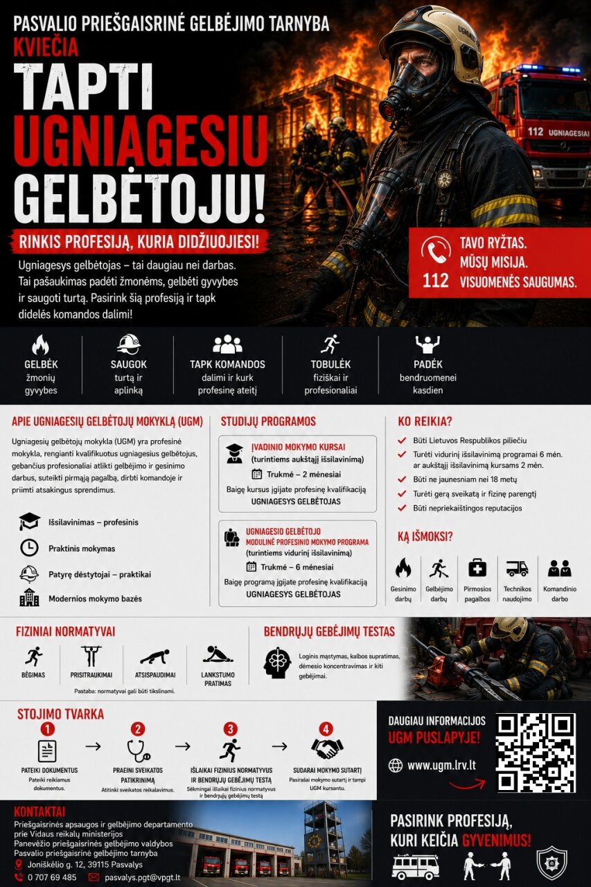 Panevėžio priešgaisrinė gelbėjimo valdyba kviečia tapti ugniagesiu gelbėtoju 