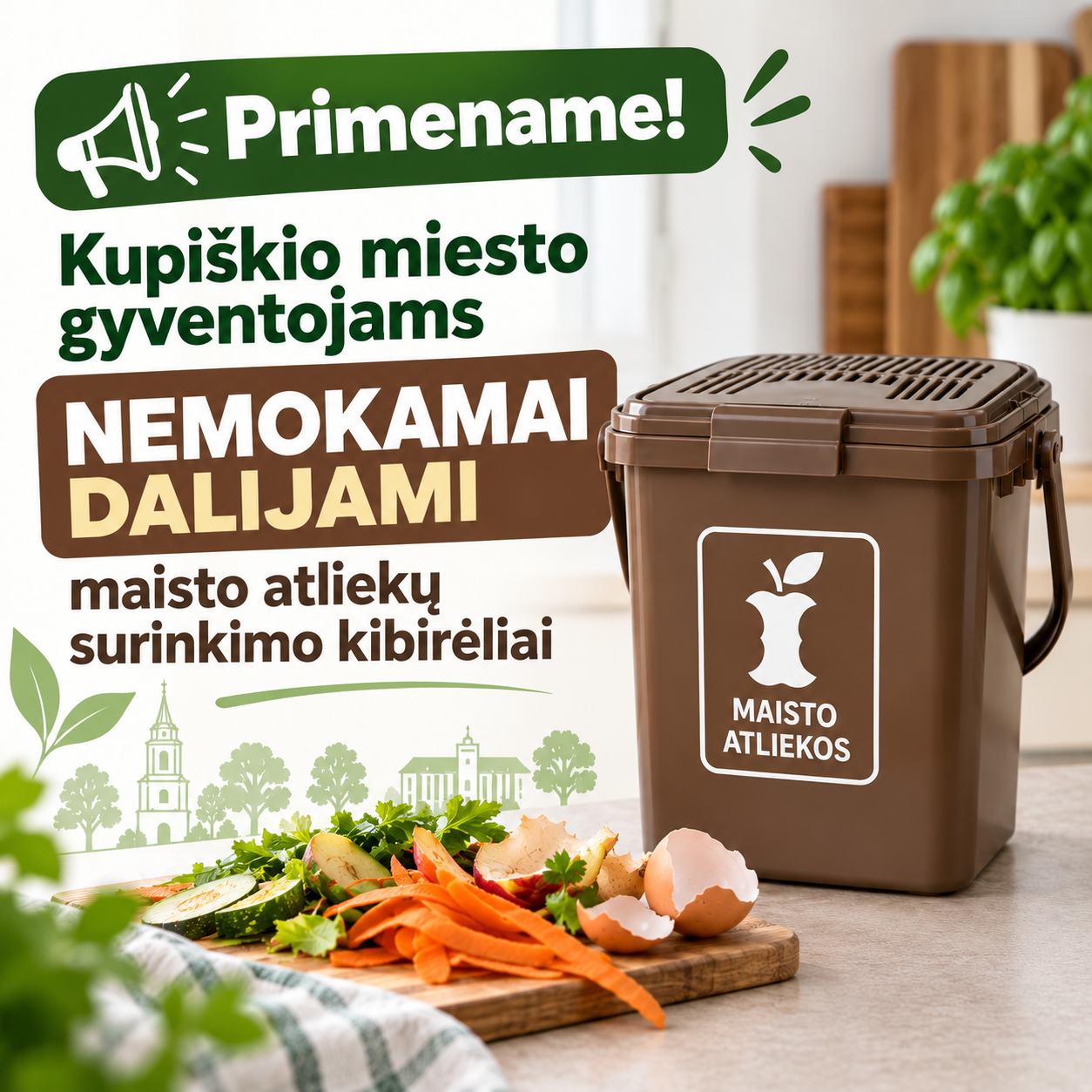 Primename: Kupiškio miesto gyventojams – nemokami maisto atliekų surinkimo kibirėliai